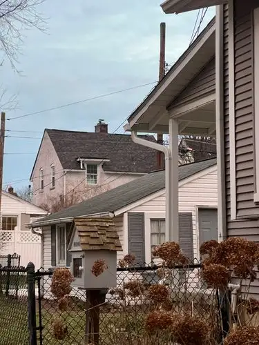 Overcast skies over a charming suburban street.